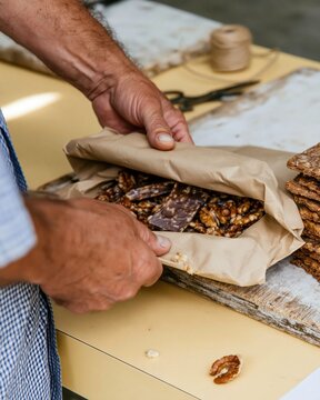 Hands folding a kraft paper bag filled with sweet confectionery and walnuts, tactile homemade dessert gift for packaging design with copy space