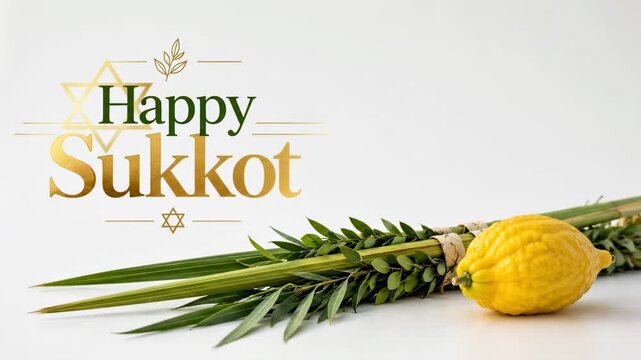 Minimalist animated video greeting card for Happy Sukkot. Traditional Jewish Four Species featuring an etrog and lulav.