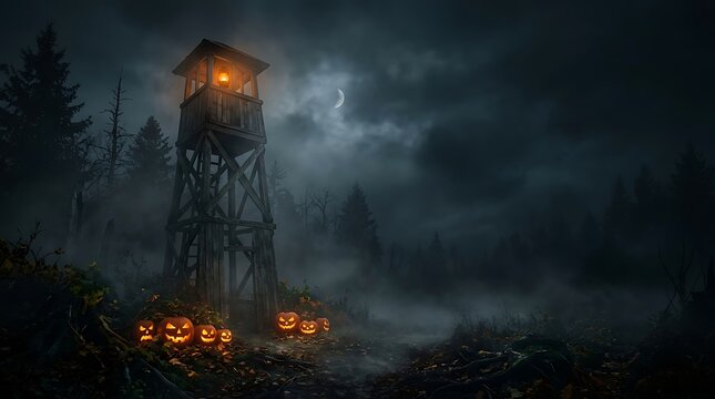 Spooky wooden watchtower illuminated by glowing lantern amidst carved jack o lanterns sitting on forest ground beneath dark cloudy moonlit night sky