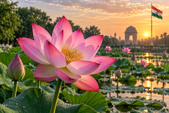 Beautiful Pink Lotus Flower Blooming in Pond at Sunset