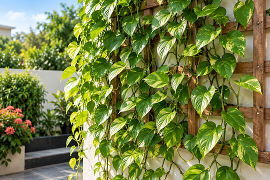 Green Pothos Money Plant Climbing on Wooden Garden Wall