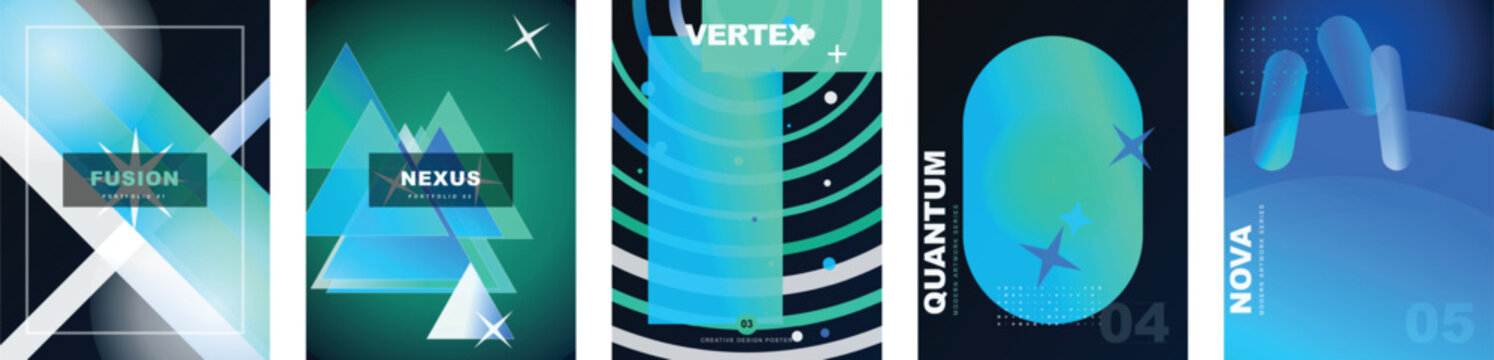 Vibrant cyan and blue abstract poster templates set. Vector modern cover layouts with glowing gradients, geometric triangles, circular rings, capsule shapes and star bursts for design portfolios