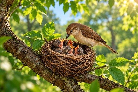 Mother Bird Feeding Chicks in Nest on Tree Branch