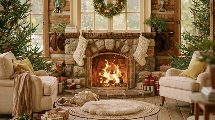 Obraz premium Cozy cabin living room with a crackling stone fireplace and decorated christmas tree for holiday home decor and nostalgia
