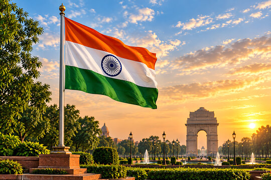 Indian National Flag with India Gate at Sunset in Delhi