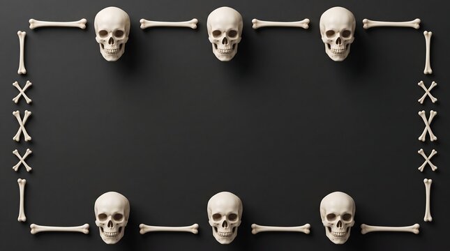 Minimalist rectangular frame made of human skulls and crossbones arranged perfectly on a flat black surface