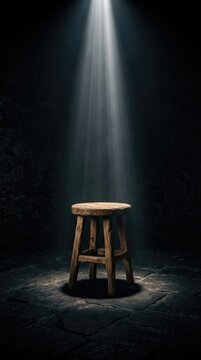 Spotlight timber seat: dramatic lighting, solitude concept, rustic furniture, mystery atmosphere, beam focus, shadow contrast, stone floor, interrogation room.