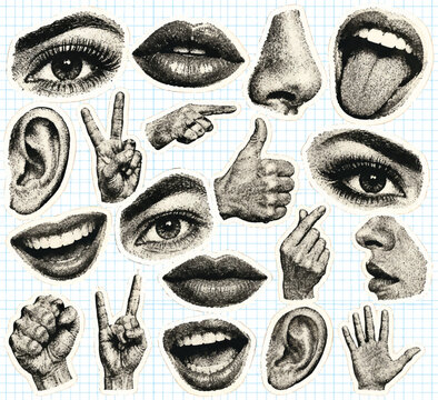Retro Halftone Body Parts Collage Set, Y2K Vintage Paper CutoutsLips, Eyes, Noses and Hands with Torn Paper Newspaper Texture