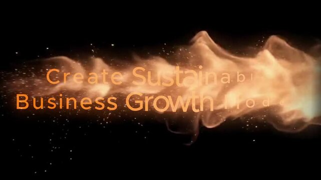 Fiery flame graphic enveloping motivational text urging enterprises to create sustainable business growth through innovative strategies and eco friendly practices against a dark cinematic background.