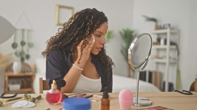 Woman applying cotton pad to cheek at vanity mirror while seated at makeup table with skincare bottles in studio; calm self care.