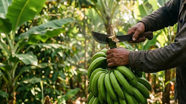 Farmer harvesting green bananas with a machete in a tropical plantation