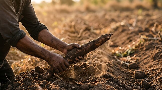 Farmer harvesting cassava root from fertile soil at sunset