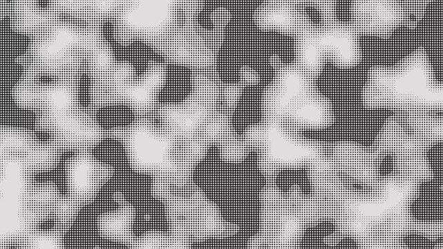Abstract monochrome halftone dot camouflage loop background, retro raster noise motion