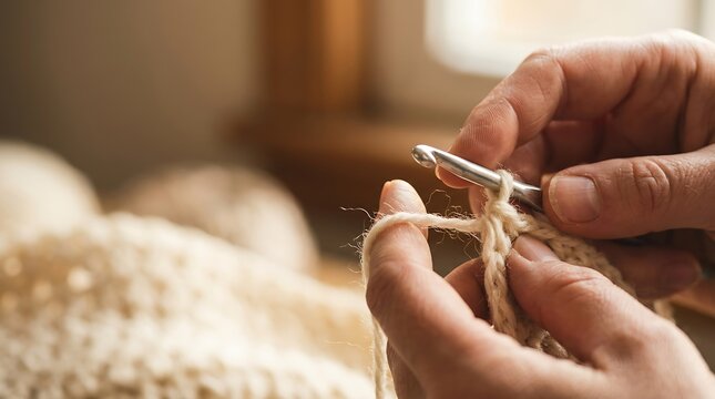 Close up of hands crocheting with yarn and hook creating a textured fabric