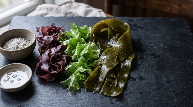 Edible Irish seaweed varieties on a dark prep table