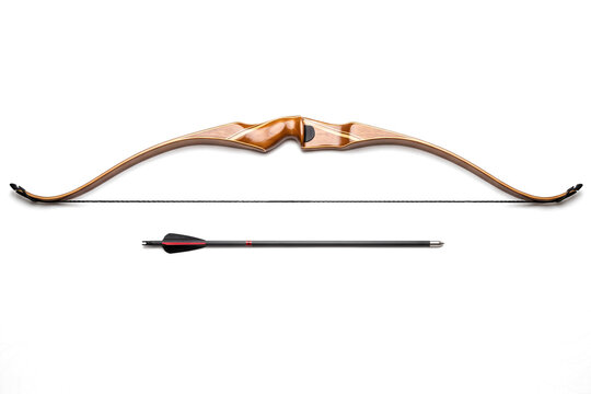 Wooden recurve bow and hunting arrow isolated on a white background for archery sports and outdoor recreation equipment