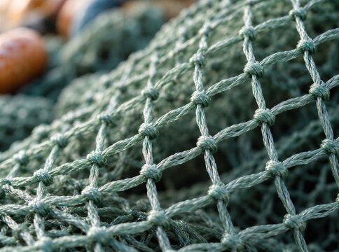The fishing net is a nylon knot‑type net with a mesh structure, filmed in close‑up.