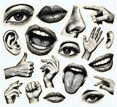 Retro Halftone Body Parts Collage Set, Y2K Vintage Paper CutoutsLips, Eyes, Noses and Hands with Torn Paper Newspaper Texture