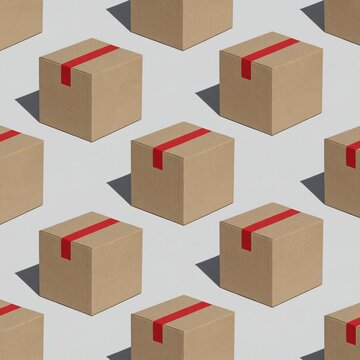 Cardboard order boxes in a repetitive pattern on a grey background, featuring red tape accents for cyber monday and online shopping mockups