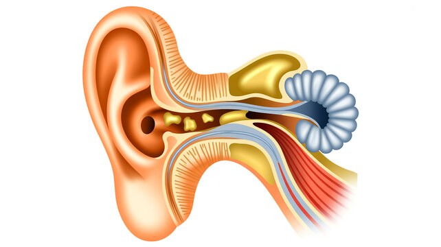 Anatomical cross section of the human ear showing the outer ear canal, middle ear, and inner ear
