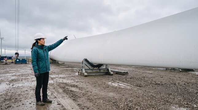 Technician guides turbine blade at wind farm