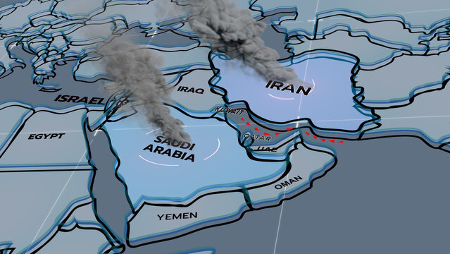 A modern 3D-style political map of the Middle East highlighting countries like Iran, Saudi Arabia, Iran map, 