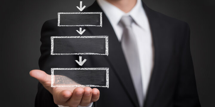 Businessman holding a hand with three empty rectangular boxes connected by arrows in a sequence