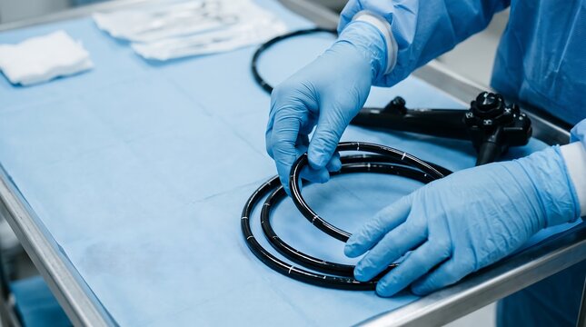 Medical professional in blue gloves preparing an endoscope for a procedure