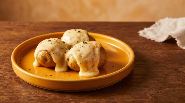 Melted raclette cheese drapes over golden potatoes