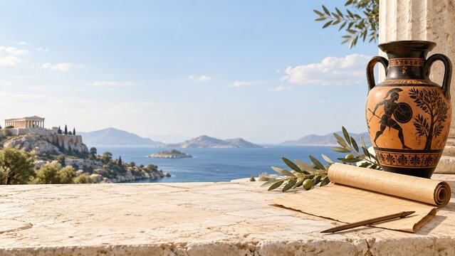Ancient Greek amphora with scroll and olive branch on stone terrace overlooking antique temple and Aegean sea