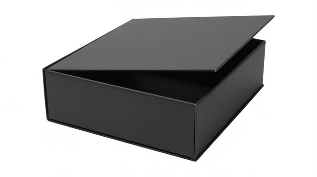 Open empty black rectangular gift box with lid tilted open isolated on white background