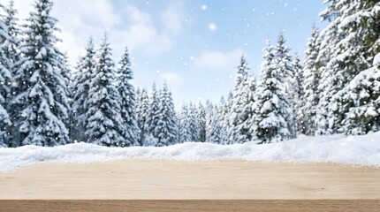 Obraz premium Christmas holiday decorations on a wood surface with copy space. winter snowfall view