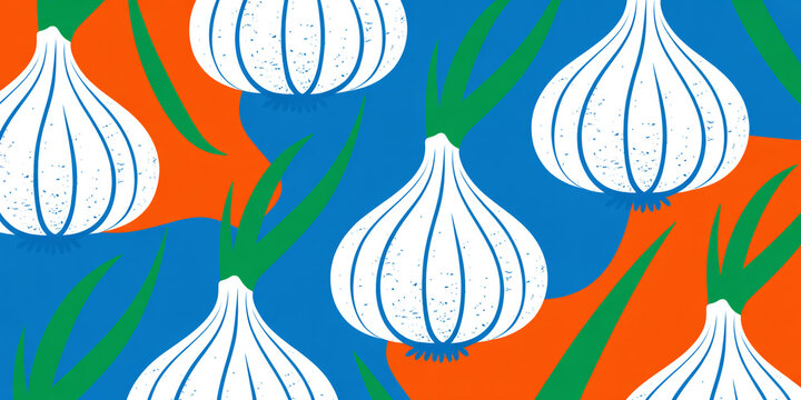 Pattern of white garlic bulbs with green sprouts on colorful background