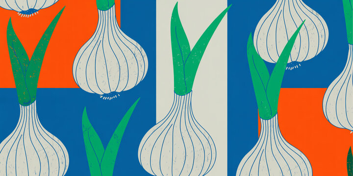 Pattern of white garlic bulbs with green sprouts on colorful background