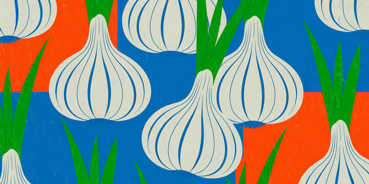 Pattern of white garlic bulbs with green sprouts on colorful background