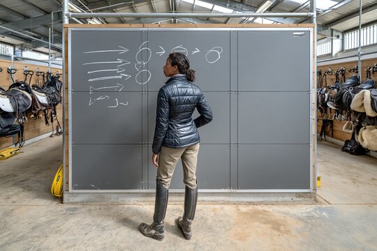 Horse riding instructor analyzing a chalk diagram on a grey board in a stable, featuring a clean equestrian aesthetic and copy space
