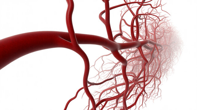 Red vessels and capillary network branching out on a clean white background, for medicine