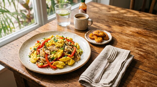 Jamaican ackee and saltfish brunch on a sunlit table
