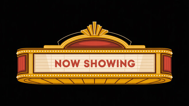 Retro style cinema marquee sign with now showing text on black background