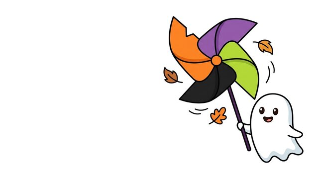 Colorful autumn leaves and a friendly ghost on a white background illustration