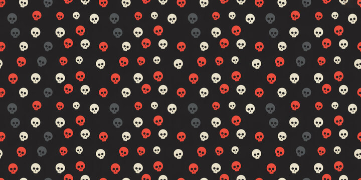 Seamless repeating pattern of small human skulls in red, white, and grey on a dark background