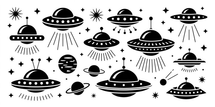 Set of black and white ufo icons with spaceships and planets on white background