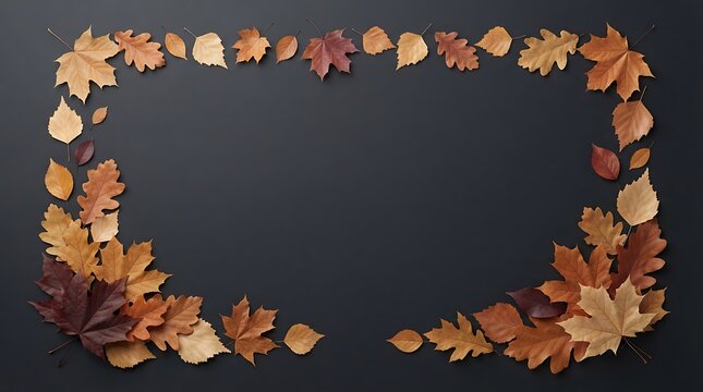 Frame made of assorted autumn leaves on a dark grey background with copy space