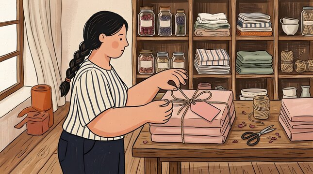 Young woman wrapping folded textile parcel with string inside artisanal workshop store   