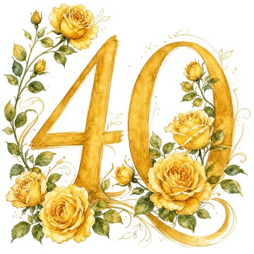 Golden 40 Numeral With Climbing Rose Along Left Edge Of Four