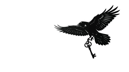Fototapeta premium Majestic black raven soaring gracefully through bright empty studio space while holding a metal key