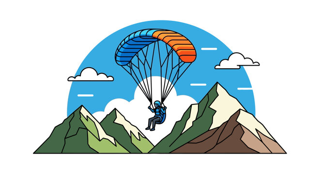 Paraglider descends over mountainous terrain in a vector illustration