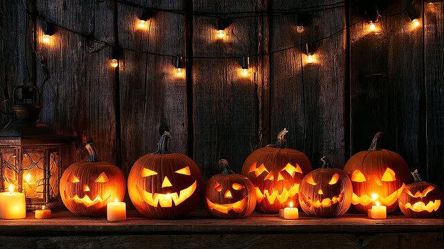 Glowing jack-o-lanterns arranged on a rustic wooden table against dark weathered planks, warm candles, vintage lantern and hanging string lights creating a cozy spooky Halloween atmosphere