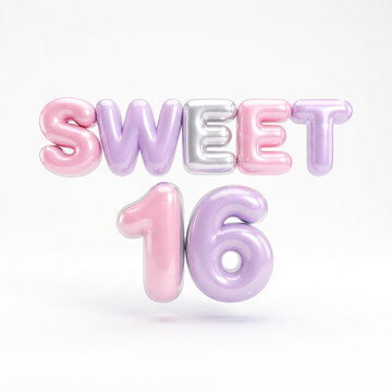 Sweet 16 text JPG illustration featuring pastel pink and purple glossy balloon typography on a clean white background.   