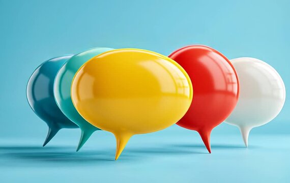 3D colorful speech bubbles on blue background representing teamwork discussion and customer feedback for social media and communication concept.	